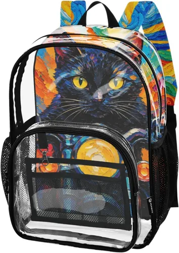 Vista 14 de Mochila transparente con diseño de gato negro y helado para la Lirios de gato azul