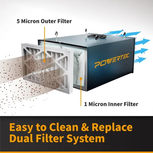 Vista 3 de POWERTEC Sistema de filtración de aire controlado a distancia de 3 velocidades para carpintería (300/350/400 CFM), filtro de aire colgante