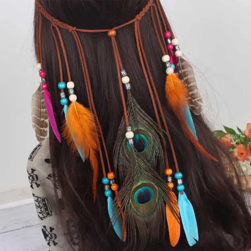 Vista 9 de Outyua Thurquoise Bohomian - Tocado de plumas largas de plumas gitanas nativas de pavo real diadema ajustable de plumas