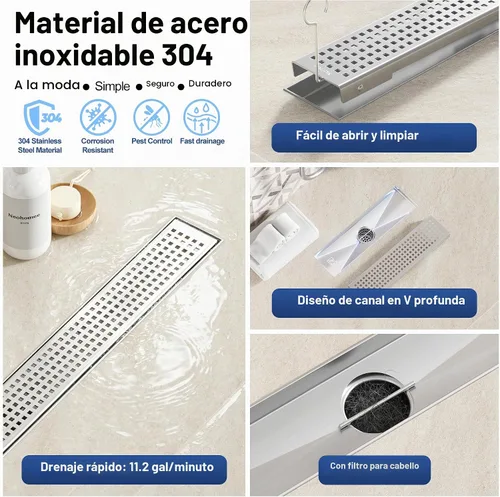 Vista 3 de Neodrain - Drenaje de ducha lineal de 12 pulgadas con rejilla removible, fabricante profesional de desagüe de suelo de ducha rectangular de acero