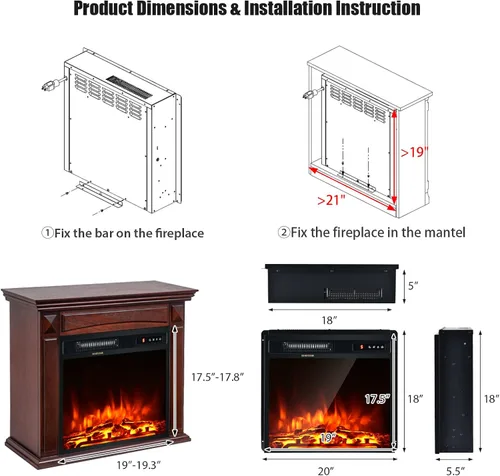 Vista 4 de Tangkula - Chimenea eléctrica empotrada de 18 pulgadas, calentador de chimenea independiente de 1500 W con efecto de llama ajustable y temperatura