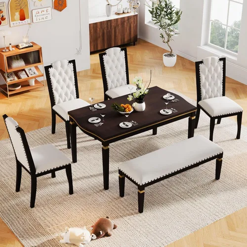 Vista 144 de Juego de mesa de comedor vintage de 6 piezas, juego de mesa de comedor de cocina de madera maciza con 4 sillas ergonómicas acolchadas y banco, mesa