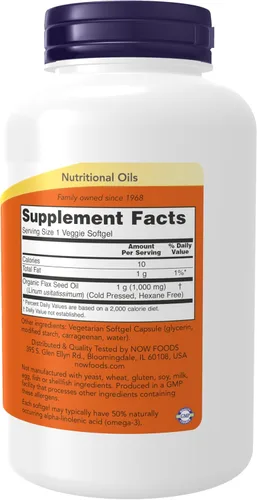 Vista 2 de NOW Foods Suplementos, Aceite de Lino 1000 mg con Omega-3 Esenciales, Prensado en Frío, Sin Hexano, Fórmula Vegana, 120 Cápsulas Blandas Vegetales