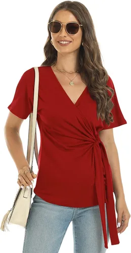 Vista 2 de LEIYEE Blusa de verano para mujer, cuello en V, manga corta, casual, linda, con nudo frontal