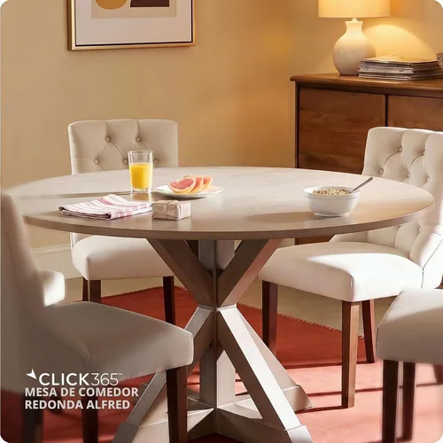 Vista 3 de Mesa de comedor redonda Serta Alfred de madera maciza rústica para decoración de cocina estilo granja, base de pedestal en forma de trébede de beige