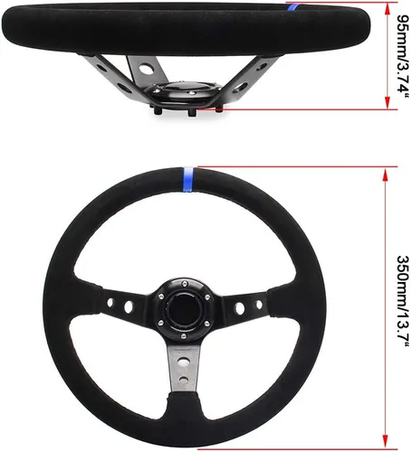 Vista 3 de 14" 350mm Volante de cuero de ante profundo, plato de 6 pernos para volante deportivo de carreras, botón de claxon de cuero azul con cable, llave