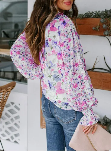 Vista 3 de Dokotoo - Blusa informal, bohemia y con estampado floral para mujer, camiseta con cuello en V y con cordón, blusas de manga corta y manga larga