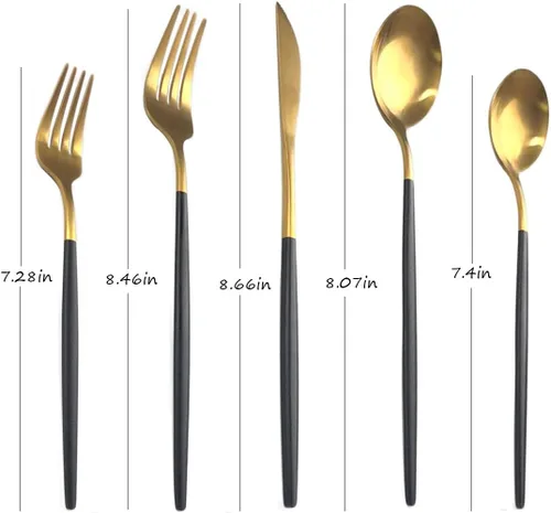 Vista 2 de Juego de cubiertos de 5 piezas, Uniturcky, de acero inoxidable negro y dorado, utensilios para comer con cuchillo, tenedor, cuchara para el hogar