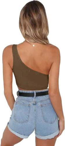 Vista 3 de Minclouse - Blusa corta asimétrica de un solo tirante para mujer, ideal para el verano