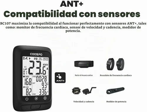 Vista 4 de COOSPO Ordenador de bicicleta GPS inalámbrico, ANT+ Ciclismo GPS con Bluetooth, multifuncional ANT+ computadora de bicicleta GPS con pantalla LCD