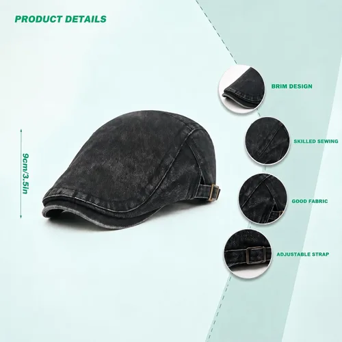 Vista 6 de Gorra plana vintage lavada estilo boina retro versátil para uso diario Negro
