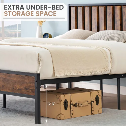 Vista 5 de IDEALHOUSE Base de cama Queen con cabecera de madera, marco de cama de metal con plataforma Queen con 14 listones de acero resistente, más