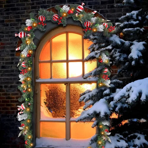 Vista 6 de Guirnalda de Navidad Iluminada para Interiores y Exteriores, Decoraciones de Guirnaldas de Navidad Artificiales con Luz de Repisa, Bastón