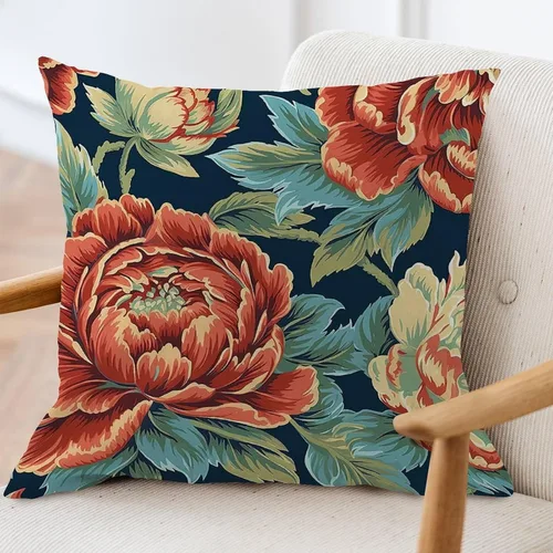 Vista 3 de ArogGeld Chinoiserie - Funda de cojín para sofá, diseño floral de peonía, color verde azulado, verde y rojo, diseño de peonía, diseño escénico