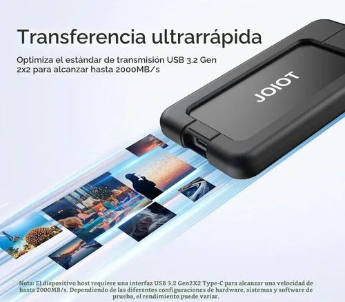 Vista 2 de JOIOT SSD portátil de 1 TB de hasta 2000 MB/s USB-C USB 3.2 Gen 2x2 SSD externo con funda protectora a prueba de golpes tipo C unidad externa