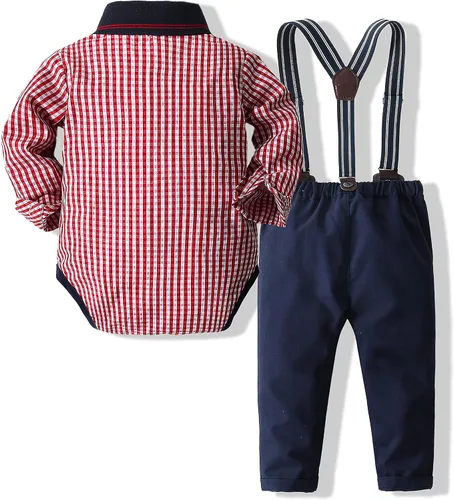 Vista 2 de Kimocat Conjunto de ropa para niños pequeños camisa a cuadros y pantalones con tirantes