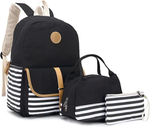 Vista 8 de Mochila escolar para adolescentes y mujeres, lindo juego de mochila universitaria de lona a rayas con bolsa de almuerzo, bolsa para lápices