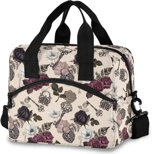 Vista 22 de MNSRUU Bolsa de almuerzo aislada murciélagos y flores vintage mujeres hombres tela tote enfriadora para cena bolsa reutilizable a prueba de fugas