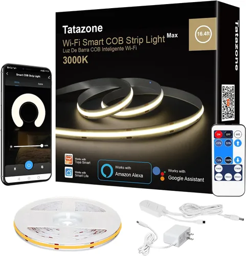 Vista 12 de Tatazone - Tira de luces LED inteligente COB de 2000K color naranja con aplicación y control remoto, 16.4 pies, tira de luz LED WiFi amarilla