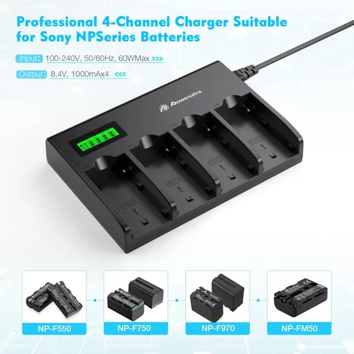 Vista 2 de Powerextra Cargador de batería de 4 canales con pantalla LCD para cámara Sony NP-F970, NP-F960, NP-F950, NP-F930, NP-F770, NP-F750, NP-F570, NP-F550