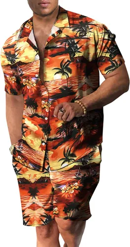 Vista 14 de RPOVIG Conjunto de playa a juego con camisas y pantalones cortos para hombre, ropa floral hawaiana para festival, conjuntos de 2 piezas con sombrero