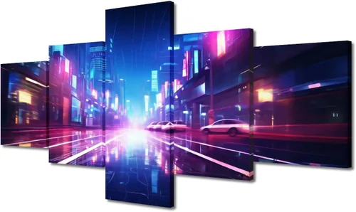 Vista 36 de Póster de 5 paneles en lienzo para decoración de pared, diseño de centro urbano Cyberpunk, impresión moderna, decoración de pared para el hogar