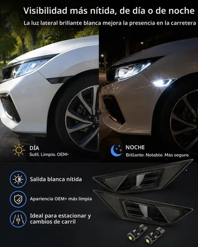 Vista 4 de Luz LED Blanca con Lente Ahumada para Marca Lateral Delantera Compatible con Honda Civic 10ª Generación 2016-2021 Sedán Coupé Hatchback