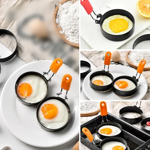 Vista 7 de Anillos de huevo de acero inoxidable para freír, anillos redondos para cocinar, moldeadores de panqueques con mango de silicona naranja, moldes A-2