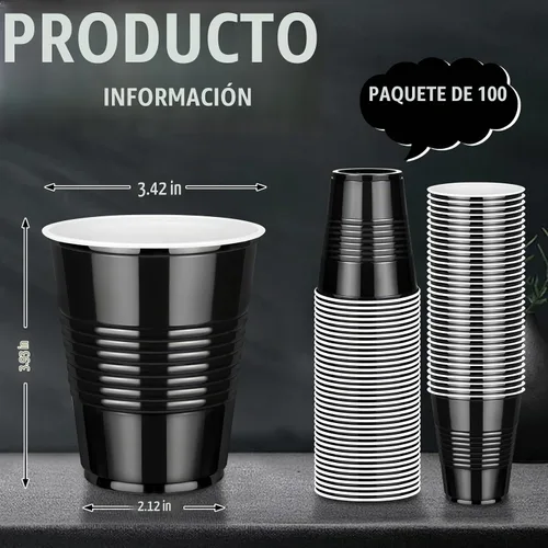 Vista 5 de Paquete de 100 vasos desechables de plástico negro de 12 onzas, vasos
