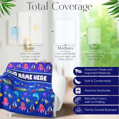 Vista 5 de Manta personalizada de Living para niños Manta de forro polar de animales marinos personalizada Manta azul para niños Manta para bebé niña