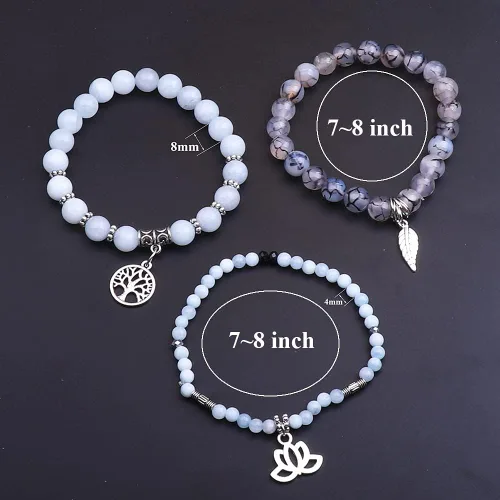 Vista 2 de UEUC - Pulseras Reiki, apilables, de piedras curativas, cristales, con dije del árbol de la vida, yoga y hoja de loto, contra la ansiedad