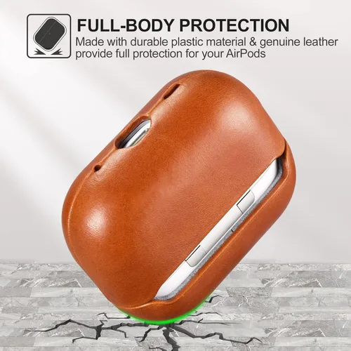Vista 6 de ICARERFAMILY Funda de cuero para AirPods Pro 2 (2022), funda protectora de cuero genuino a prueba de golpes para AirPods Pro 2 auriculares estuche