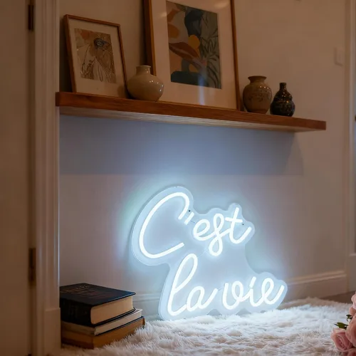 Vista 5 de C'est la vie Letrero de neón LED – Luz de neón blanca con texto en inglés «That's Life», alimentada por USB, decoración de mesa de pared