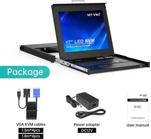 Vista 6 de MT-Viki Conmutador KVM de montaje en rack de 17" VGA 8 puertos, monitor de montaje en rack KVM Fit 1U 19'' Rack, 23.622-31.496 in (23.6~31.8'')