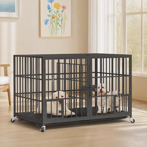 Vista 4 de EZ4ENCE Jaula para perros de 48/42/54 pulgadas con divisor para 2 perros, jaula indestructible, diseño resistente, doble puerta y bandeja extraíble