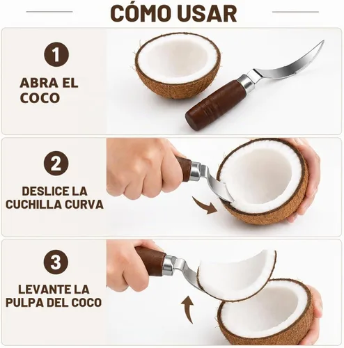 Vista 3 de DOITOOL Herramienta de eliminación de carne de coco cuchillo raspador de coco fresco de acero inoxidable con mango ergonómico de madera