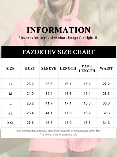 Vista 6 de Fazortev Conjunto de 2 piezas mullido para mujer, sudadera con capucha y cintura alta, pantalones cortos con cordón