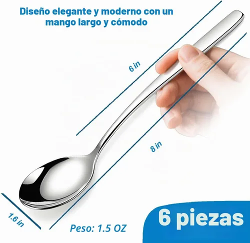 Vista 2 de Cucharas de sopa de mango largo, juego de 5, hojas voladoras de 7.9 in, cucharas redondas de acero inoxidable de 18/10, cucharas de comedor pesadas