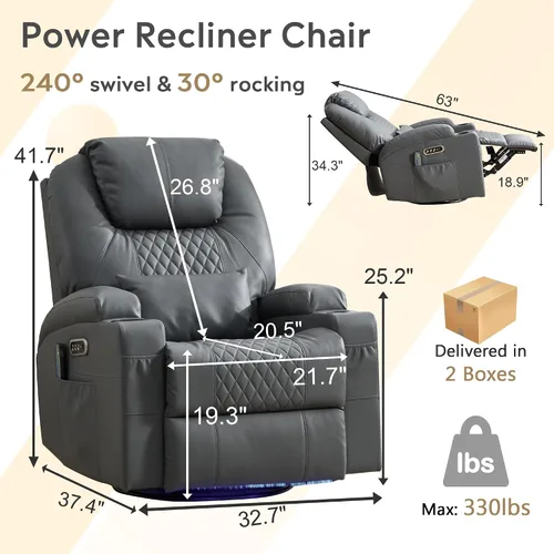 Vista 2 de Dual-Motor Power Swivel Rocker Recliner Chair with Heat & Massage Light Gray