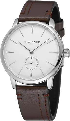 Vista 11 de FORSINING Reloj de pulsera mecánico de cuerda manual con visualización analógica estilo deportivo para hombres con correa de piel Negro Plata Beige