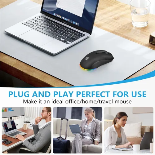 Vista 5 de Ratón inalámbrico, mouse recargable Bluetooth, modo dual BT 5.2 + 2.4G USB silencioso inalámbrico Bluetooth, diseño ergonómico RGB, mouse DPI