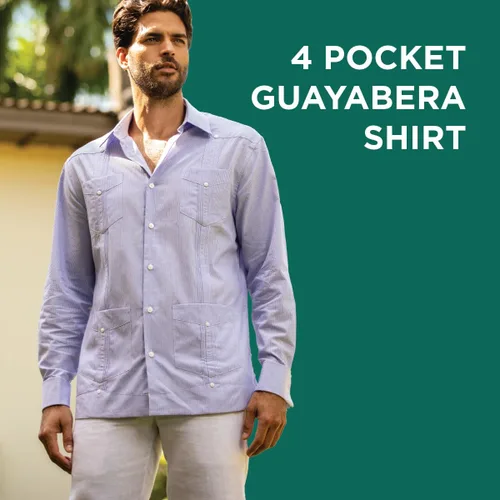 Vista 5 de Cubavera Camisa guayabera de manga larga 100% lino para hombre con cuatro bolsillos, cuello de campamento, detalle de pintuck, ajuste ligero
