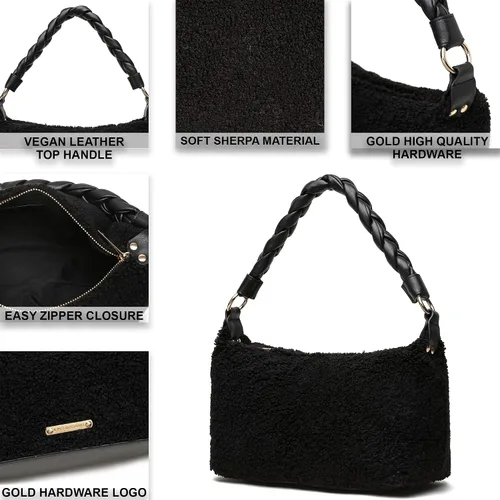 Vista 5 de Like Dreams Bolso de mano suave de sherpa con asa superior de piel vegana para mujer, niña, adolescente, moda de invierno
