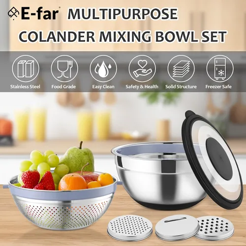 Vista 7 de E-far Colador con Juego de Tazón Mezclador, Coladores de Acero Inoxidable 4 en 1 con Ralladores para Cocina, Tazón Colador de Alimentos Giratorio
