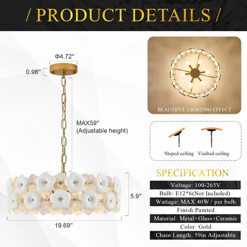Vista 3 de Lámpara moderna de cristal de flores de 20 "6 luces de oro colgante