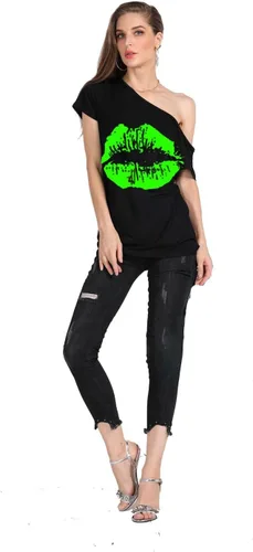 Vista 42 de MAGICMK - Camiseta casual para mujer, con estampado de labios y hombro descubierto, talla extragrande