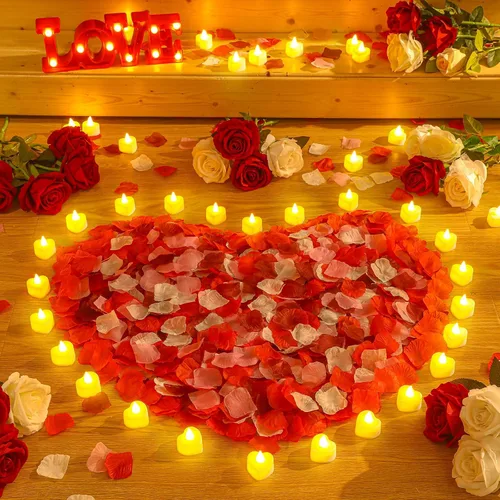 Vista 9 de Honoson - 1000 pétalos de rosa con 24 corazones LED, color blanco y azul Diseño seguro sin llama, pétalos de seda, para aniversario de boda