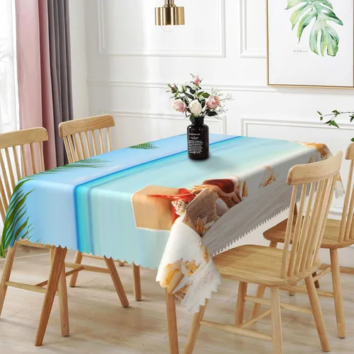 Vista 11 de Mantel oblongo, diseño de playa de 52 x 70 pulgadas, diseño de playa con estrellas de mar y olas de mar, con decoración impermeable y resistente a