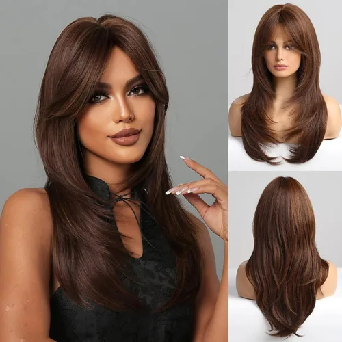 Vista 11 de HAIRCUBE Pelucas Auburn para Mujeres, Pelucas Largas en Capas Naranjas con Flequillo, Pelucas de Fibra Sintética Resistentes al Calor