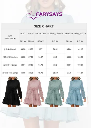 Vista 5 de FARYSAYS Vestidos de mujer 2023 de manga larga con volantes en la cintura, lazo casual escalonado, acampanado, mini vestido con vuelo